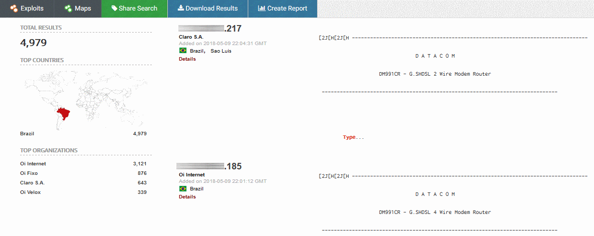 Brazil ISP open routers Shodan